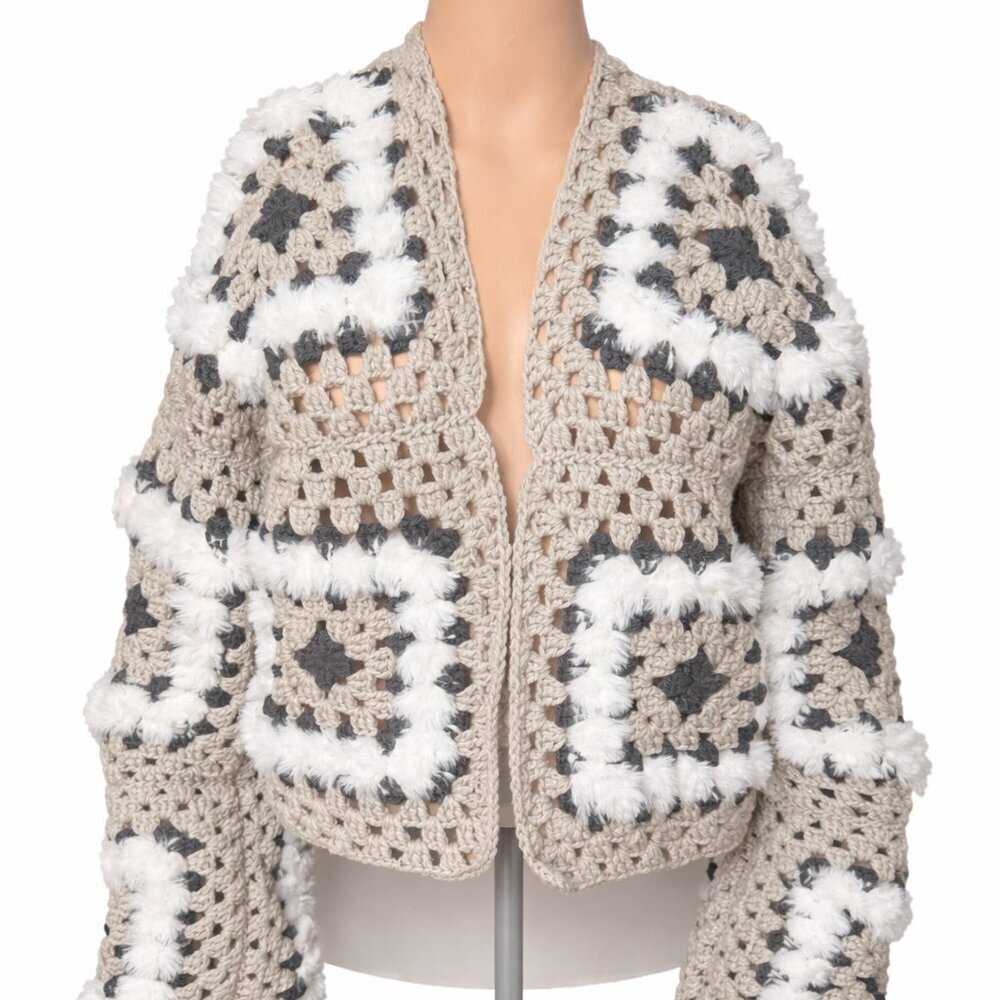 Granny Square Crochet Cardigan Jacket Grey White Fluffy Handmade Boho Size L/XL - Picture 3 of 5